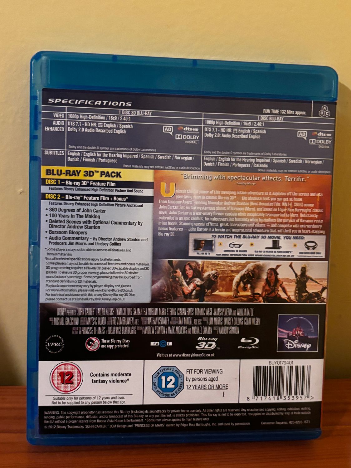 Specifications of John Carter (Blu-ray 3D / Blu Ray 2D) [Region Free] from Walt Disney Studios Home Entertainment.