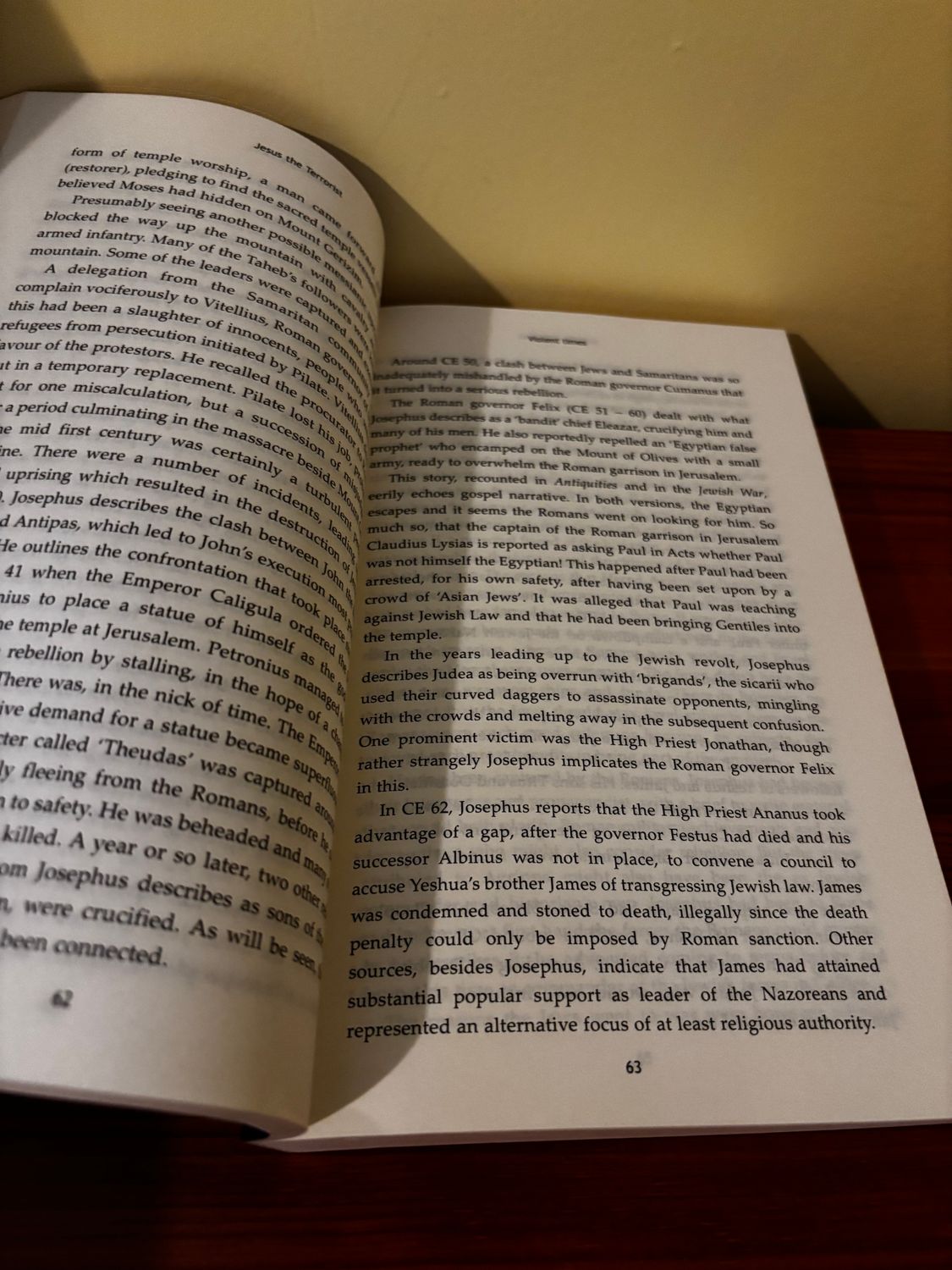 Open pages of "Jesus the Terrorist by Peter Cresswell [Paperback]" showcasing thought-provoking content on religion and politics.