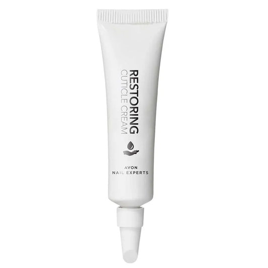 Avon Nail Experts Restoring Cuticle Cream in a sleek tube, enriched with Aloe Vera and Vitamin E for nail rejuvenation.