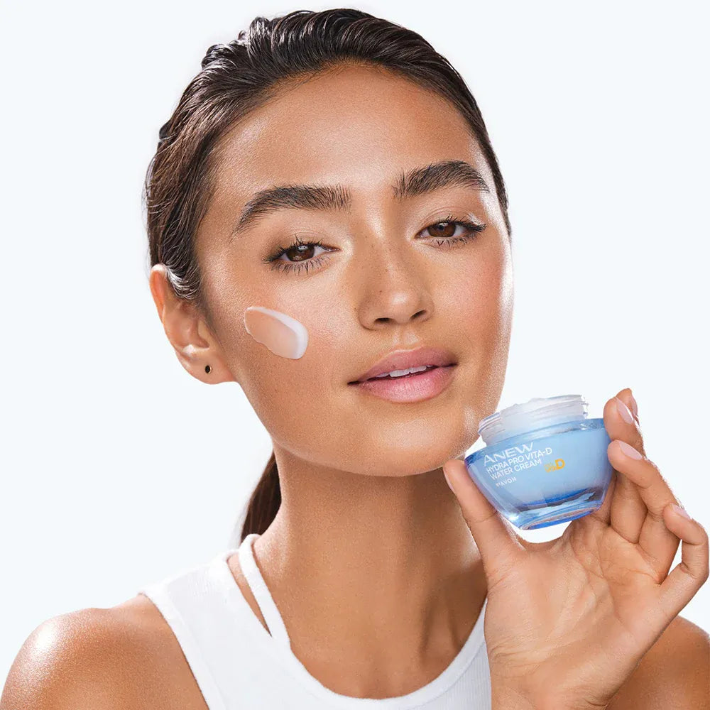 Avon Anew Hydra Pro Vita-D Water Cream hydrates skin for a radiant glow, perfect for daily skincare routines.