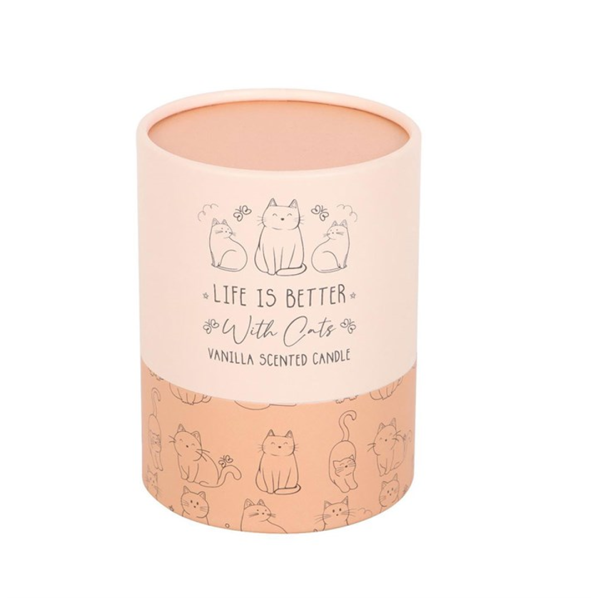 Life Is Better With Cats vanilla scented candle in a blush-pink glass jar with cat illustrations.