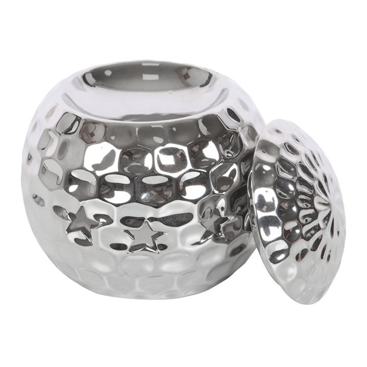 Silver disco ball oil burner in dolomite, perforated hollow sphere with lid, 10 cm tall.