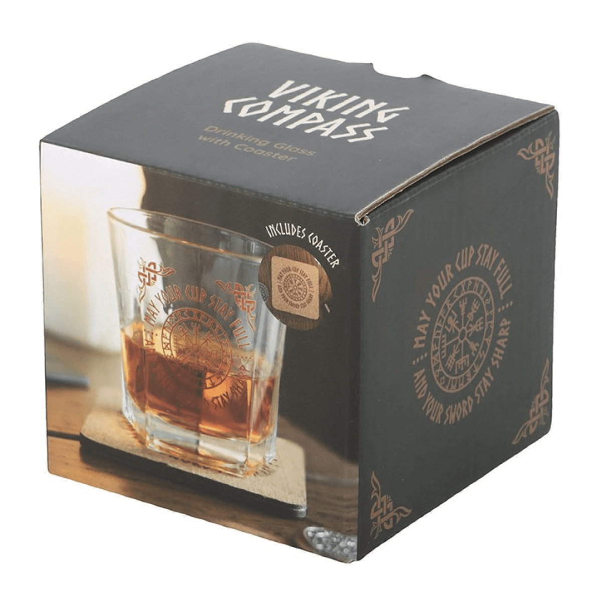 Viking Compass Lowball Glass With Vegvisir Symbol And Matching Cork Coaster packaging showing glass and coaster.