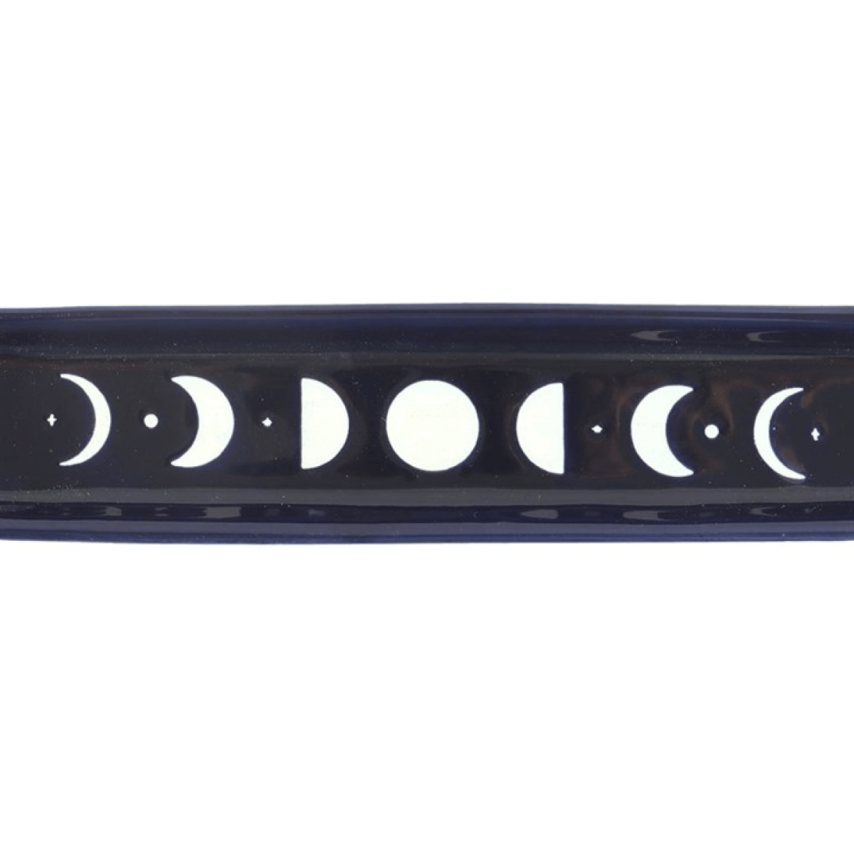 Blue Moon Phase Ceramic Incense Ash Catcher With Celestial Design showing moon phases in white on a blue background.