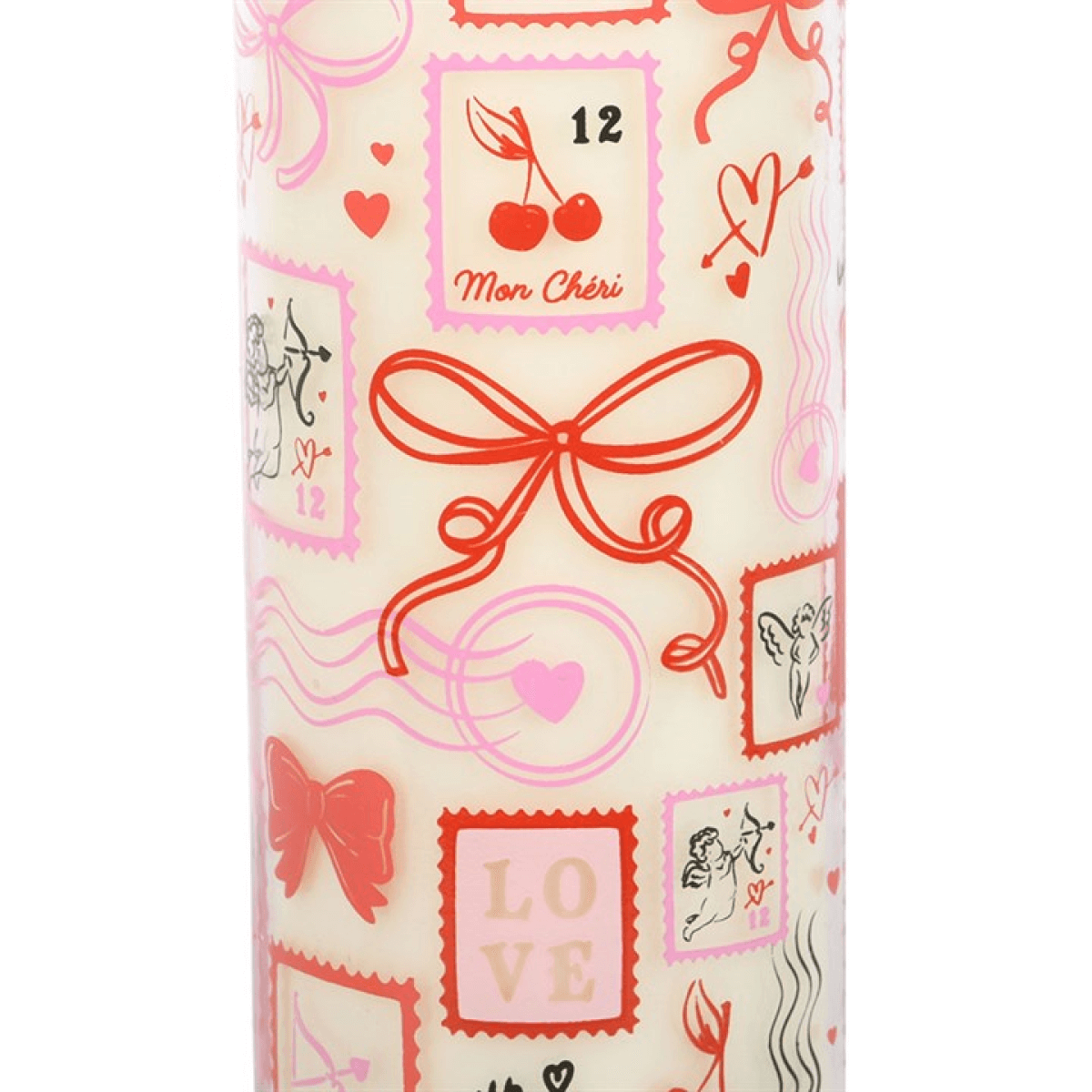 Valentine Candle featuring colorful postage stamp prints and decorative elements in a pink and red design.
