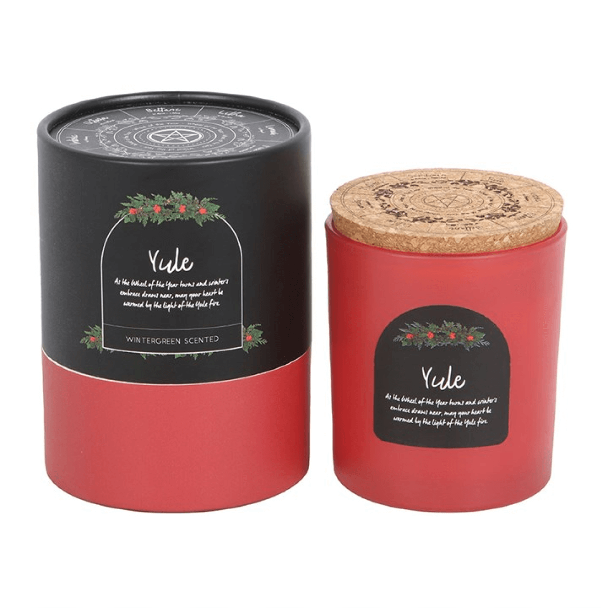 Yule Wintergreen Wheel of the Year Candle Winter Solstice in glass jar with cork lid, perfect for festive rituals.
