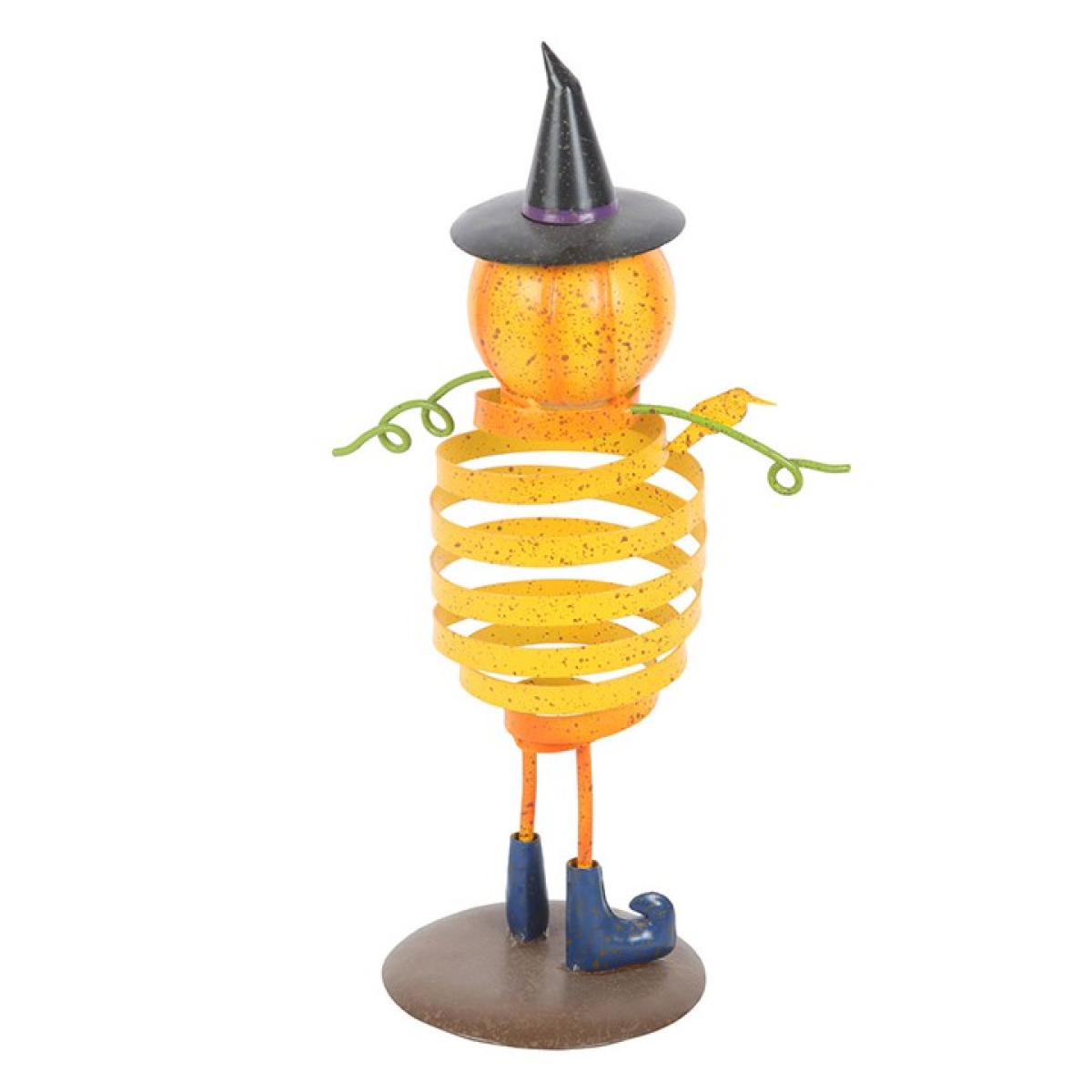Orange metal pumpkin man ornament with spring body, witch hat, green arms, and blue boots on a brown base.