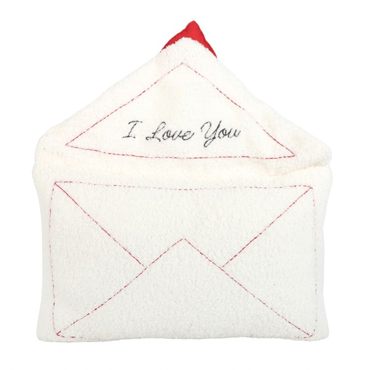 Love Letter Boucle Valentine's Day Cushion With Red Heart Envelope showcasing cream cushion with embroidered 'I Love You' message
