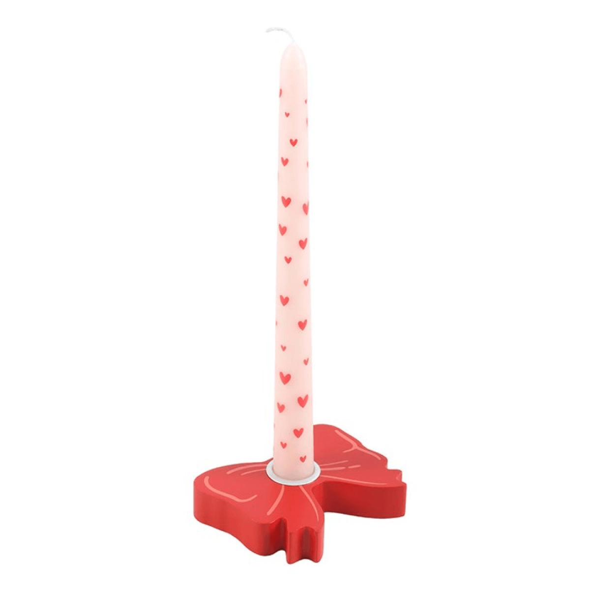 Red Bow Taper Candle Holder Valentines Day Decor Set with pink heart-patterned taper candle.