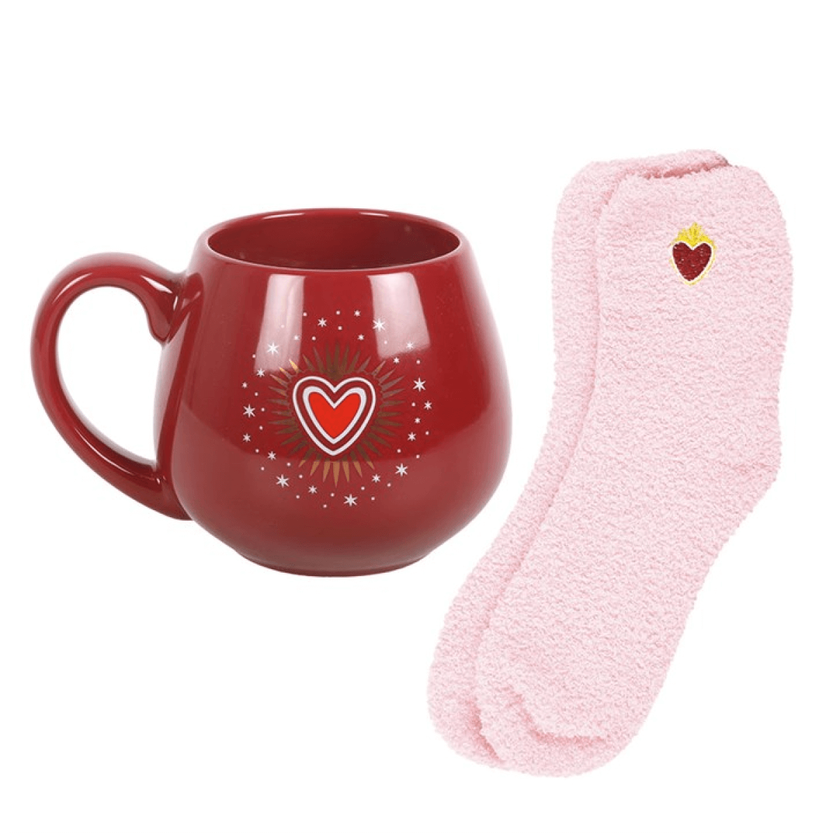 Sacred Heart Mug and Socks Set Deep Red 500ml Cosy Valentine Gift including a red mug and pink socks.