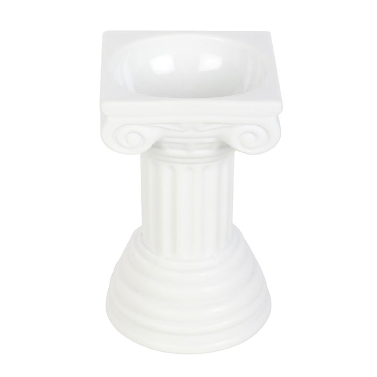 White ceramic Greek column oil burner and wax warmer on a fluted pedestal.