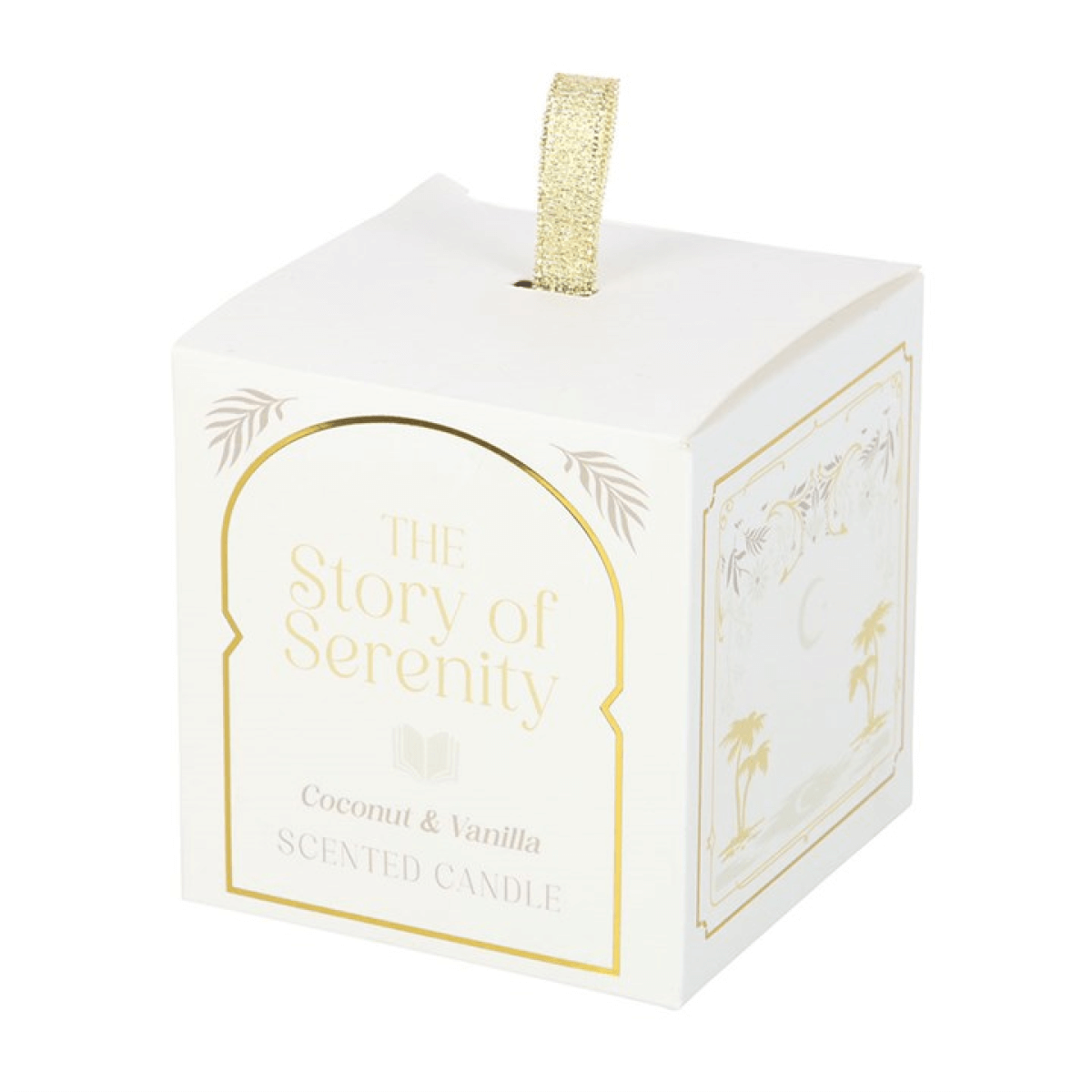 The Story Of Serenity Coconut And Vanilla Scented Candle beautifully packaged in a white box with gold accents.