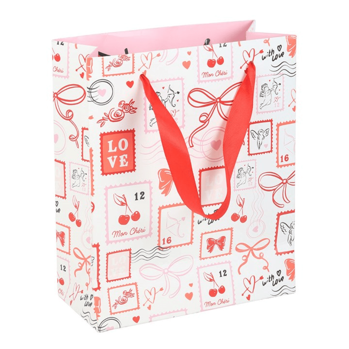Valentine postage stamp gift bag featuring love-themed prints and red handles for perfect gift presentation.