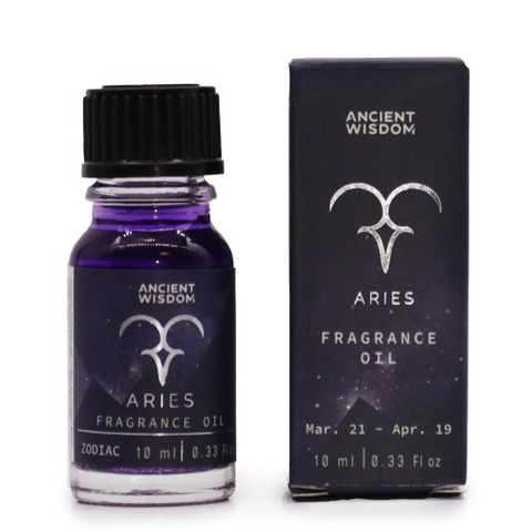 Zodiac Fragrance Oil 10ml - ARIES by Ancient Wisdom, featuring a blend of mystical aromas in a stylish bottle.