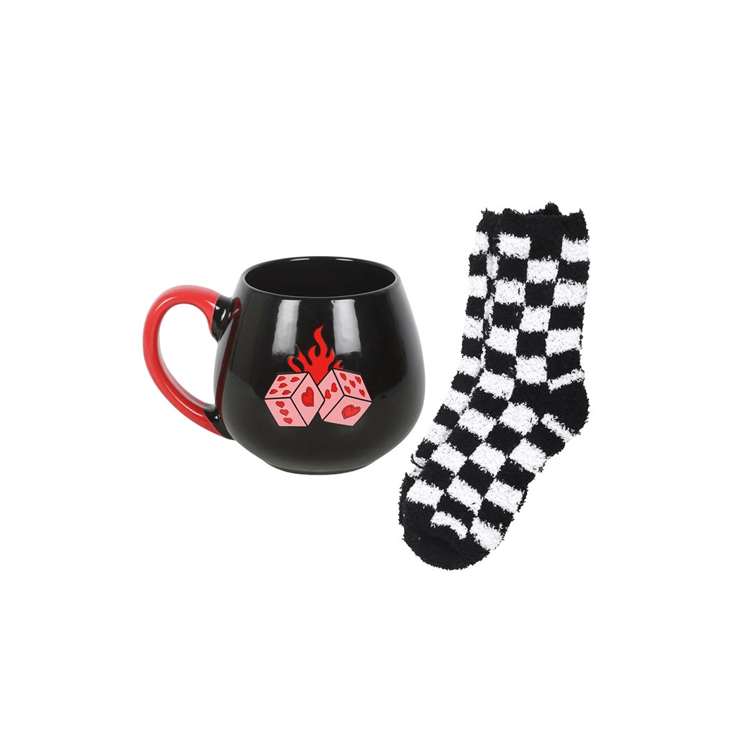 Black Flaming Dice Mug and Checkerboard Socks Gift Set 500ml