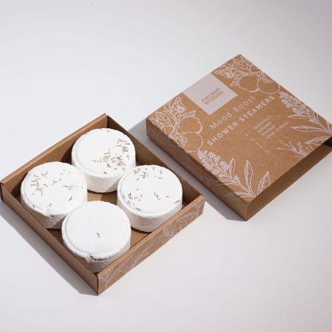 Zen Shower Steamers - Therapy Wellness Gift Set - Mood Boost, featuring four vegan-friendly steamers in a gift box.