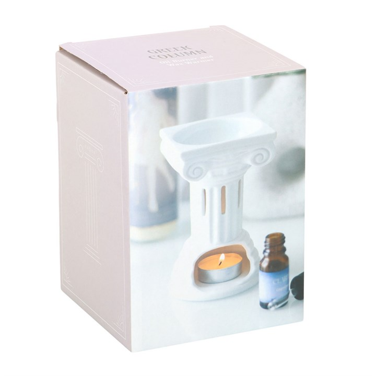 Greek Column Oil Burner and Wax Warmer, white ceramic with classical column design, H14cm x W8.5cm x D8.5cm.