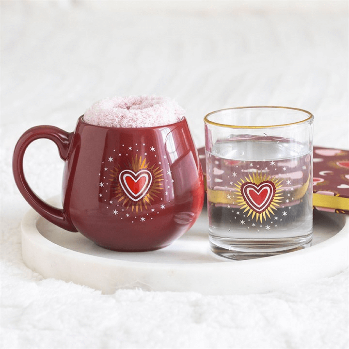 Sacred Heart Mug and Socks Set Deep Red 500ml Cosy Valentine Gift on a tray with a pink drink.