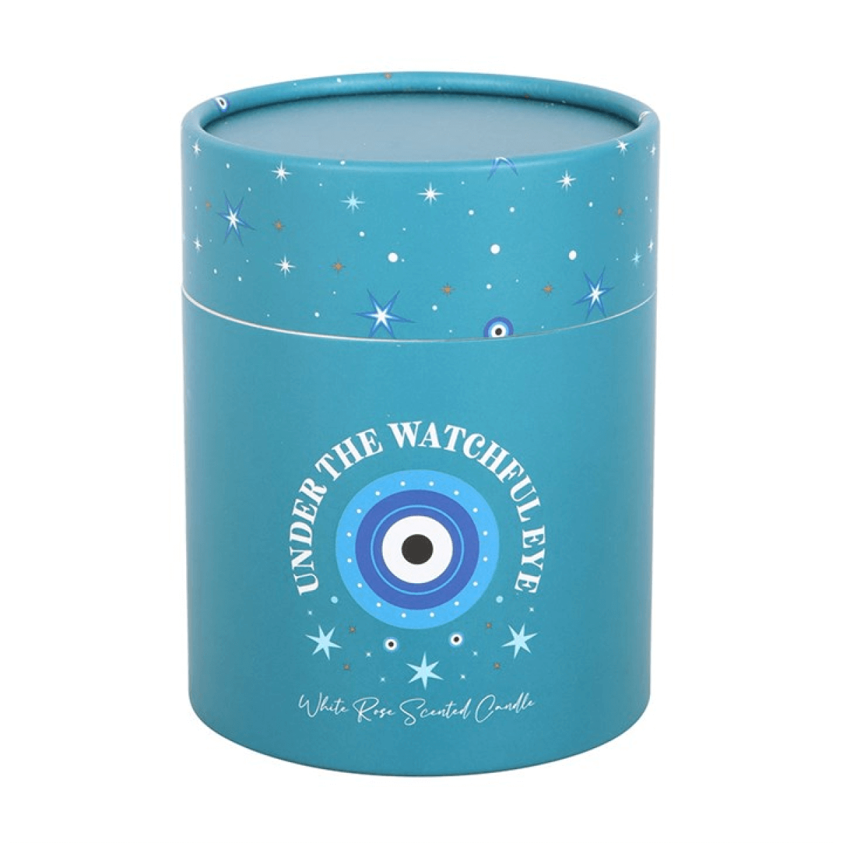 Under Watchful Eyes White Rose Candle With Crystals in a turquoise cylinder container.