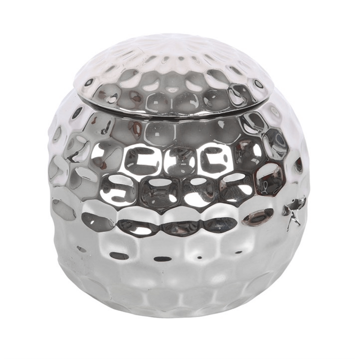 Dolomite silver disco ball oil burner with lid, 10cm high and 10.7cm wide, for fragrance oils.