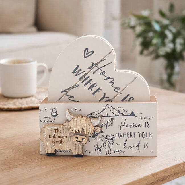 Personalised Highland Cow wooden coaster set with holder