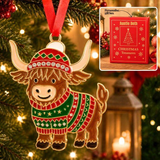 Personalised Highland Cow Christmas Hanging Decoration