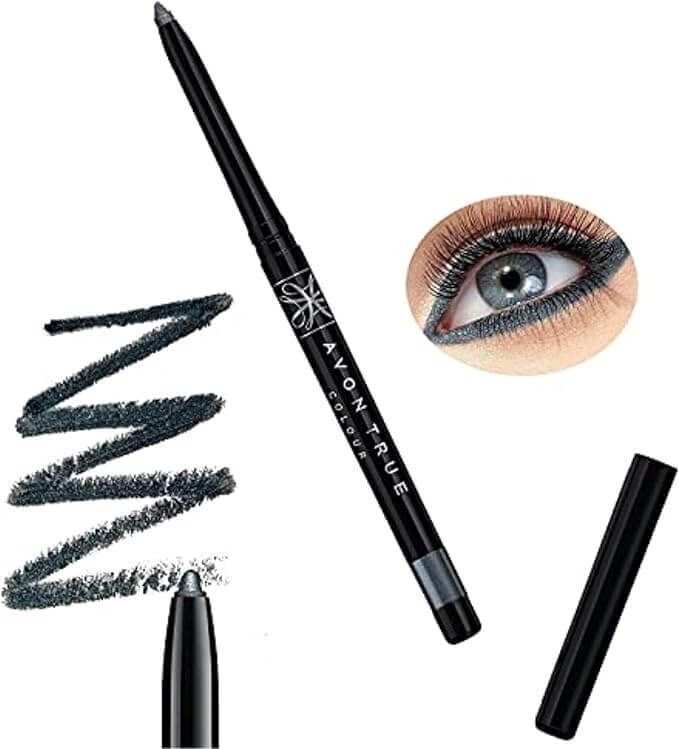 Avon Glimmersticks Diamonds Eyeliner – Smokey Diamond (Rare & Discontinued!) with shimmering grey swatch and eye makeup.