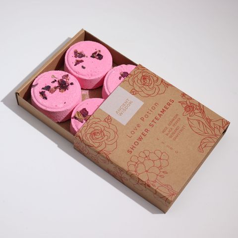 Zen Shower Steamers - Therapy Wellness Gift Set - Love Potion features four vegan-friendly steamers infused with natural oils.