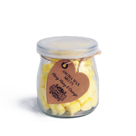 Aroma Wax Melts - Ylang Ylang & Orange in a glass jar, perfect for creating a soothing aroma in your home.