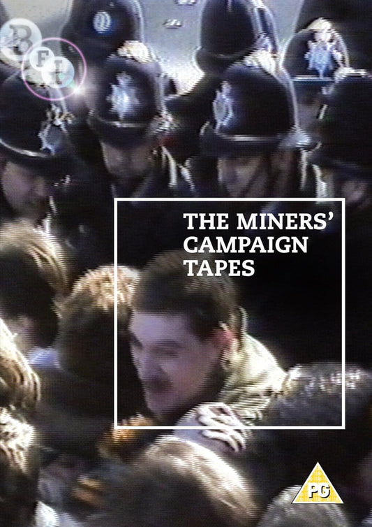 The Miners' Campaign Tapes DVD cover by BFI, showing a crowd of miners and a bold title within a white square frame.