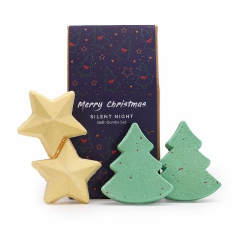 Silent Night Christmas Bath Bomb Gift Pack featuring star and tree-shaped bath bombs for festive relaxation.