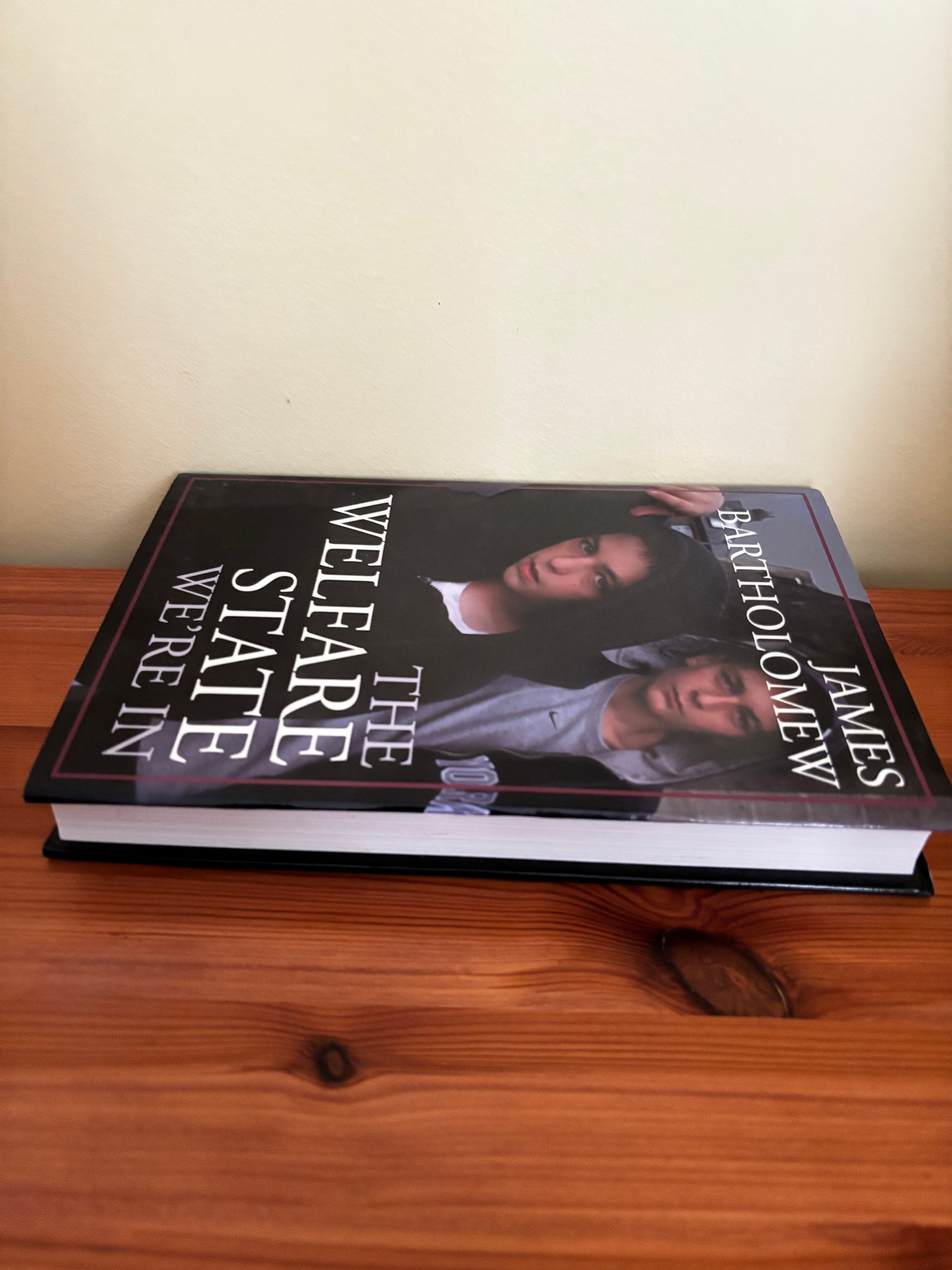 The Welfare State We're in Paperback – 15 May 2006 resting on a wooden surface, showcasing its compelling cover design.