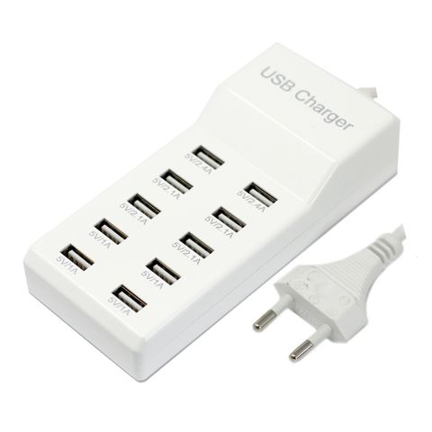 USB Station - 10 points offers fast charging with 10 ports for smartphones, tablets, and cameras in a sleek design.