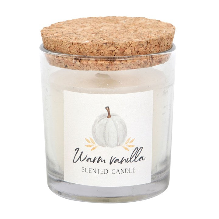 Warm Vanilla Autumn Candle in a glass holder with cork lid, perfect for cosy autumn days.