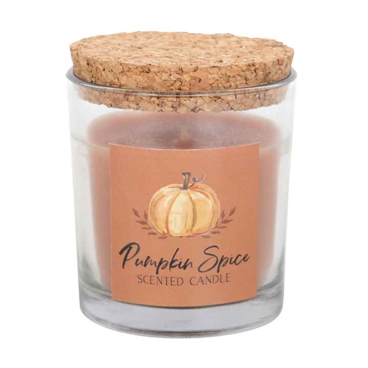 Cozy up with a Pumpkin Spice Autumn Candle, featuring a cork lid and vegan wax for a warm autumn ambiance.