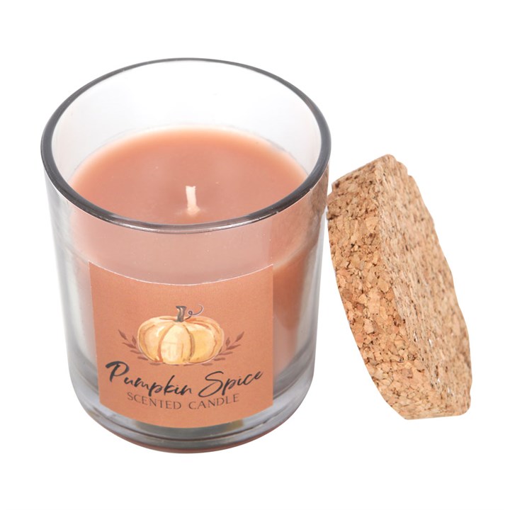 Pumpkin Spice Autumn Candle in a glass holder with cork lid, perfect for cosy autumn days. Ideal home fragrance.
