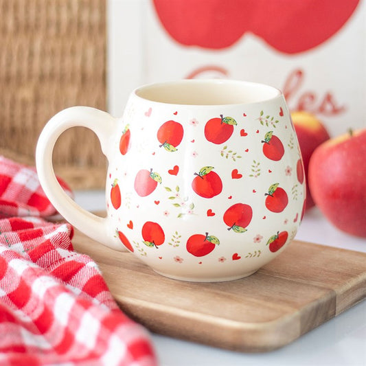 Apple Print Rounded Mug – white ceramic with red apple motif, cosy countryside style for hot drinks.