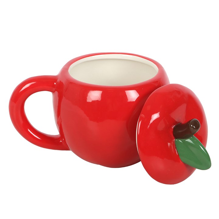 Apple Shaped Lidded Mug - red ceramic mug with lid, quirky brew companion.