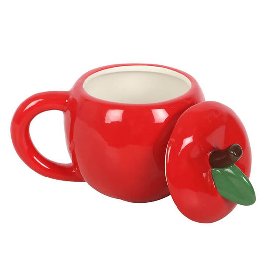Apple Shaped Lidded Mug - red ceramic mug with lid, quirky brew companion.