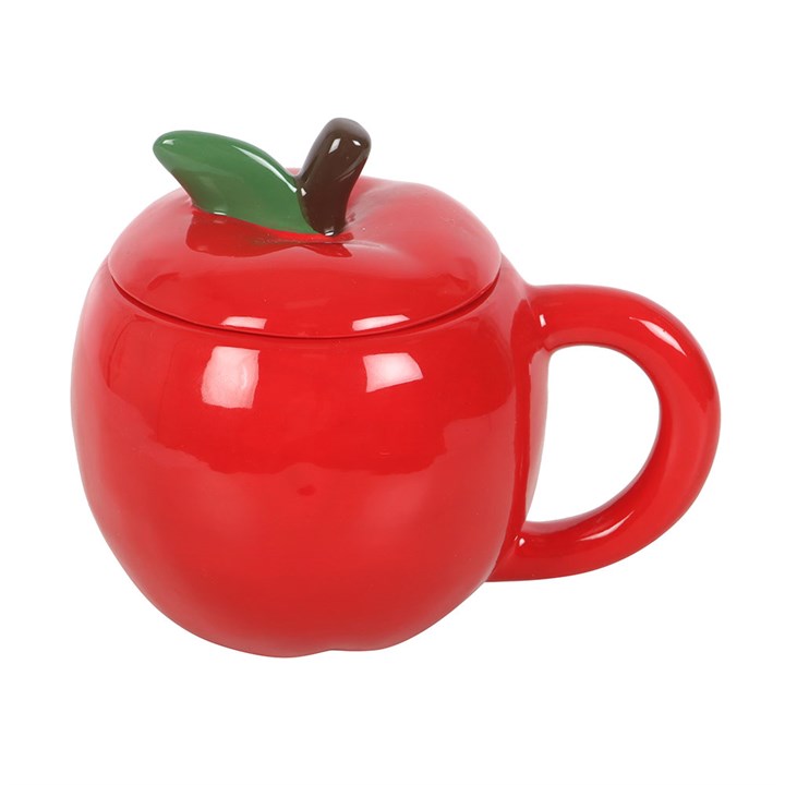 Apple Shaped Lidded Mug - quirky red apple ceramic mug with lid to keep brews warmer.