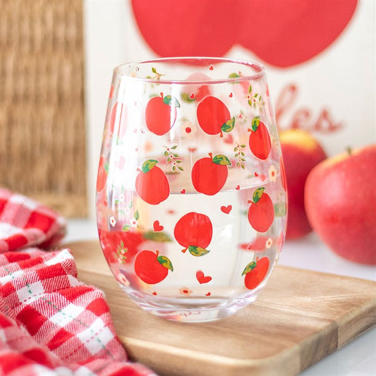 Sip in style with the Apple Print Stemless Glass, perfect for juice or cider, featuring a vibrant apple design.