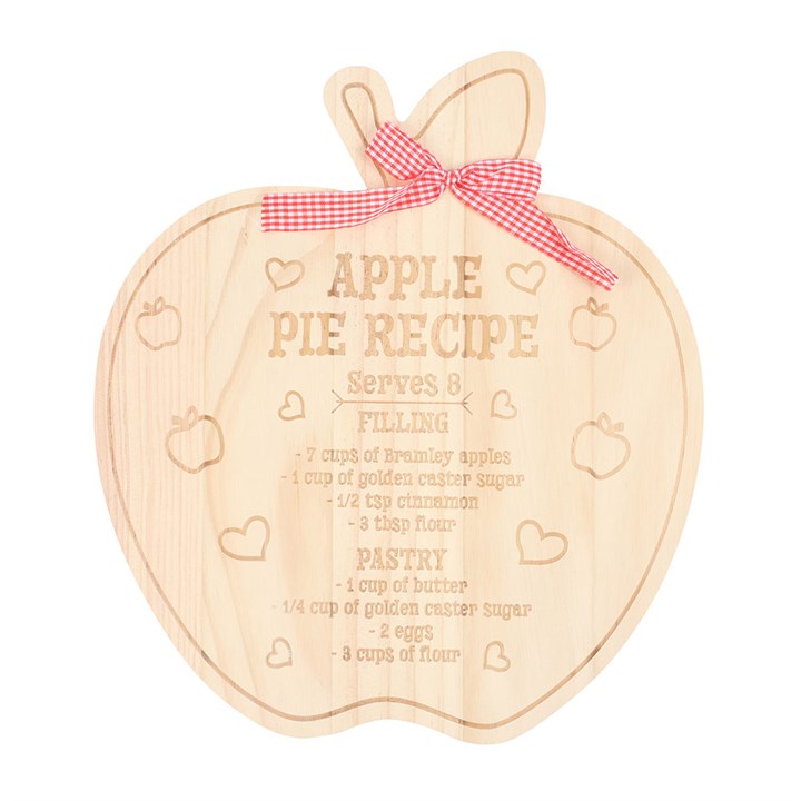 Apple Pie Recipe Serving Board by Country Charm: wooden apple-shaped board with engraved recipe and red gingham ribbon.