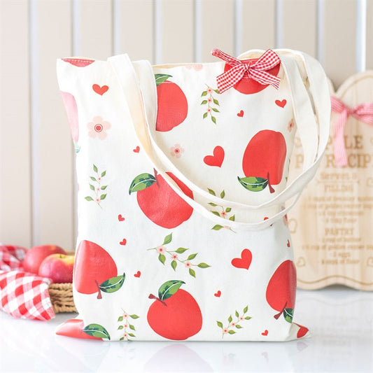 Stylish Apple Print Polycotton Tote Bag with cheerful red apple design and gingham bow, perfect for everyday use.