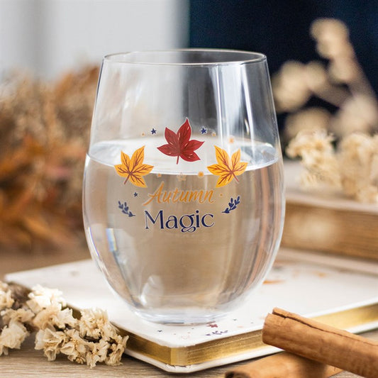 Elegant Autumn Magic Stemless Glass featuring autumn leaves and stars, perfect for wine or cider. Ideal seasonal gift.