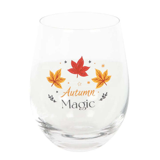 Elegant Autumn Magic Stemless Glass featuring autumn leaves and golden stars, perfect for wine or cider.