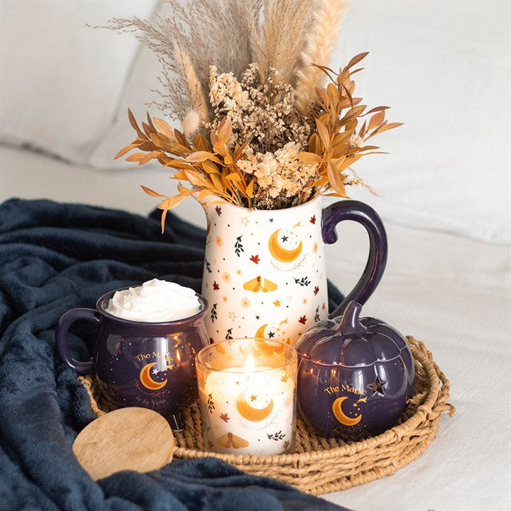 Ivory ceramic jug with harvest moon design, perfect for autumn displays. A stunning Autumn Magic Harvest Moon Print Ceramic Flower Jug.