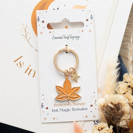 Stylish Autumn Magic Leaf Keyring, perfect for nature lovers, featuring enamel and metal design. Ideal seasonal accessory.