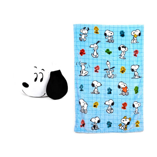 2-in-1 Blankeazzz Snoopy & Woodstock plush toy with blue Peanuts travel blanket featuring Snoopy illustrations