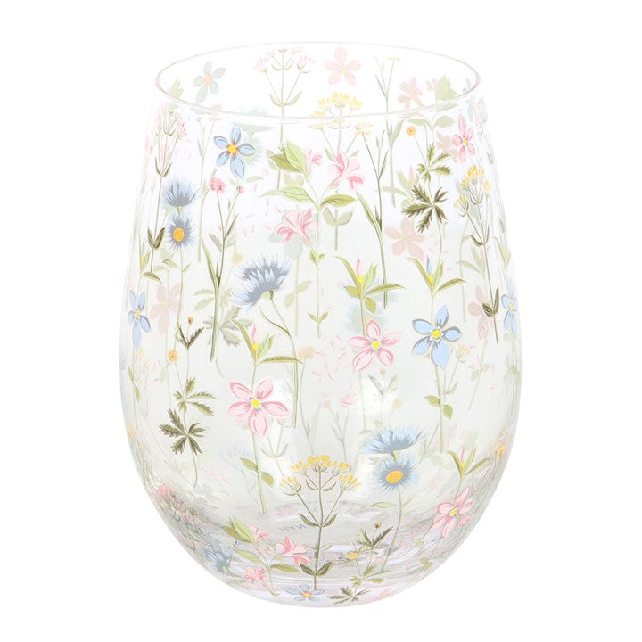 Delicate Floral Print Stemless Glass, perfect for sipping drinks in the garden, inspired by cottage blooms.
