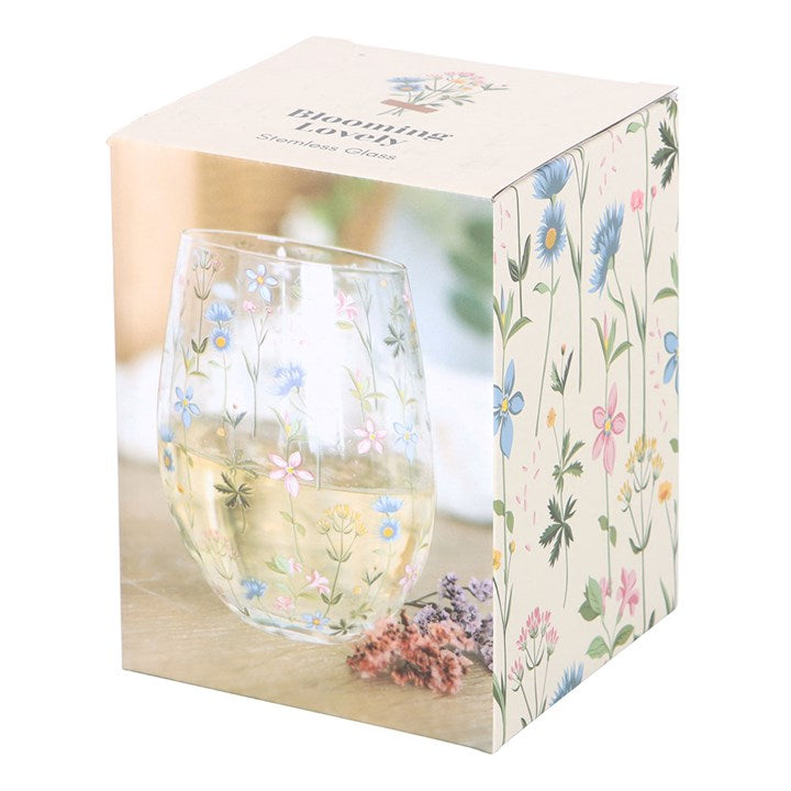 Delicate Floral Print Stemless Glass, perfect for enjoying drinks in the garden, capturing the essence of spring.